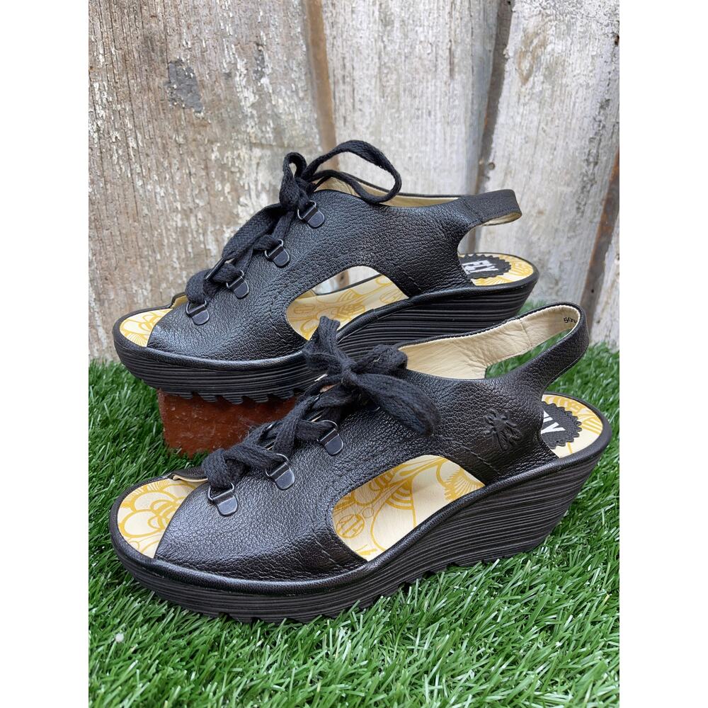 Fly London Black Leather Wedge Sandals